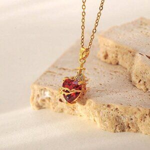 18K Gold Womens 1ct Diamond 2ct Red Ruby Gemstone Heart Necklace Ladies Jewelry